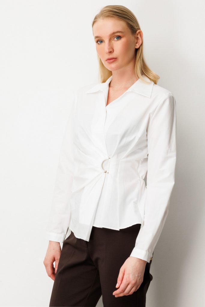 EKOL Kruvaze Yaka Önü Tokalı Bluz 3047 - EKRU