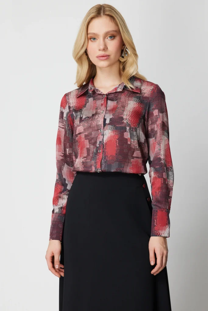 EKOL Önü Düğmeli Desenli Bluz 3051