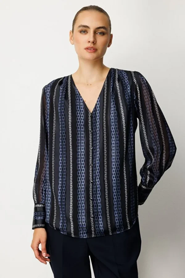 EKOL Süs Düğmeli Desenli Kadın Bluz  3063