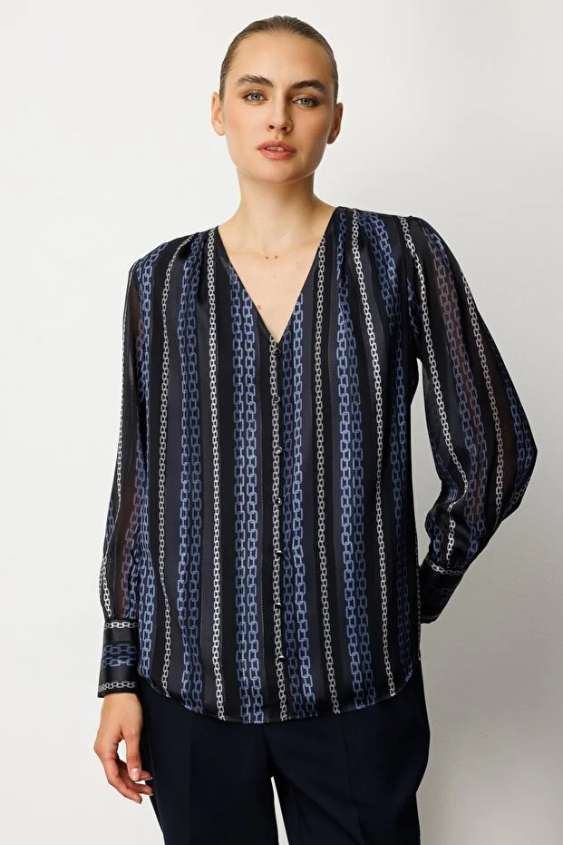 EKOL Süs Düğmeli Desenli Kadın Bluz  3063 - Lacivert
