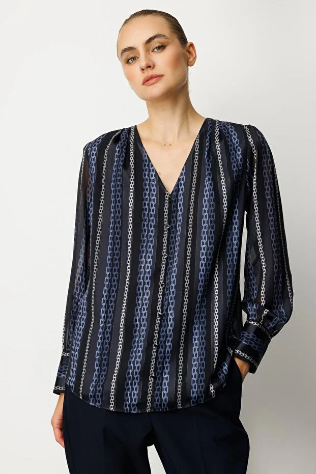 EKOL Süs Düğmeli Desenli Kadın Bluz  3063