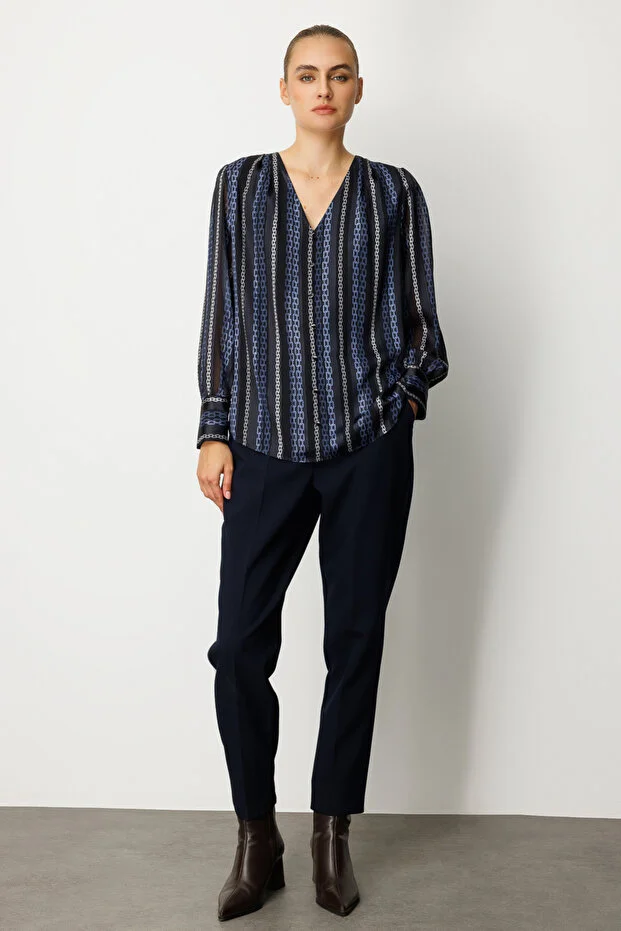 EKOL Süs Düğmeli Desenli Kadın Bluz  3063 - Lacivert