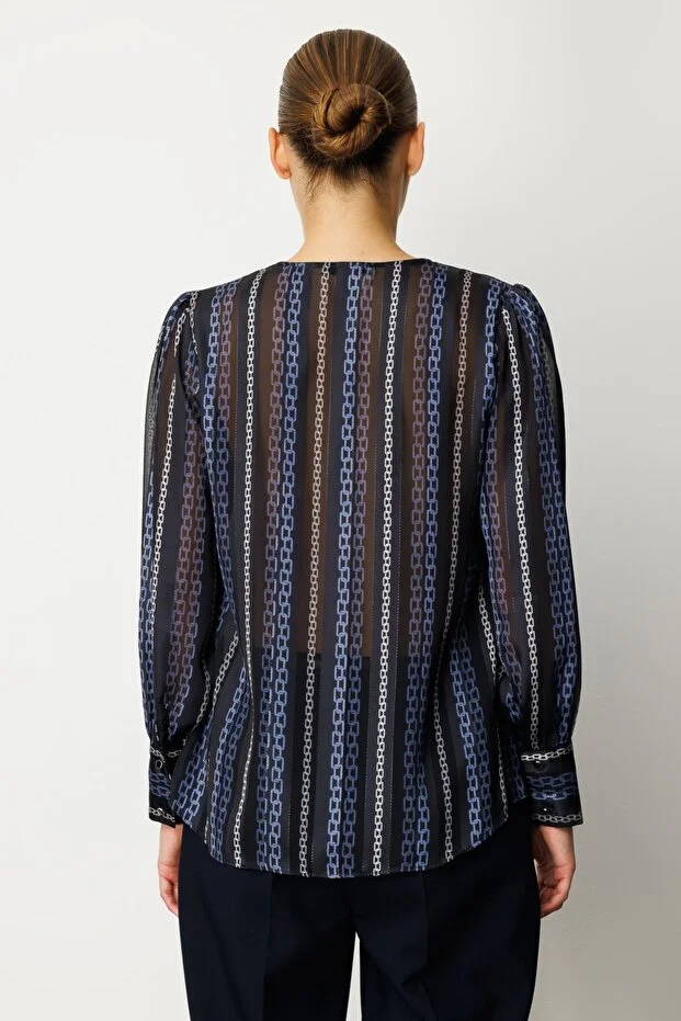 EKOL Süs Düğmeli Desenli Kadın Bluz  3063 - Lacivert