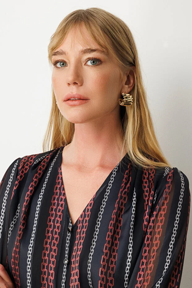 EKOL Süs Düğmeli Desenli Kadın Bluz  3063 - Siyah