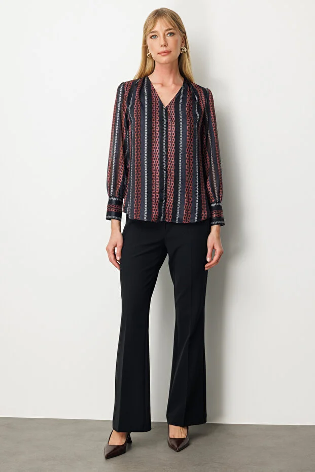 EKOL Süs Düğmeli Desenli Kadın Bluz  3063 - Siyah