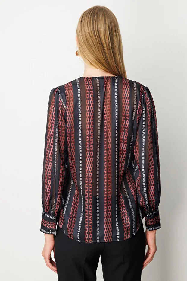 EKOL Süs Düğmeli Desenli Kadın Bluz  3063 - Siyah