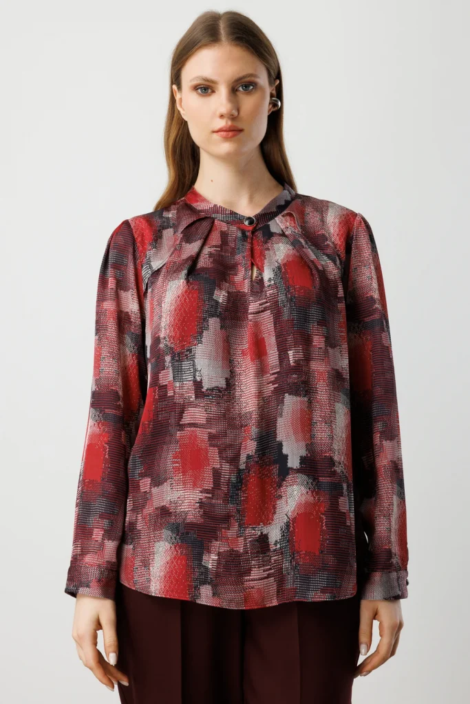 EKOL Yakası Pencere Detaylı Desenli Bluz 3557