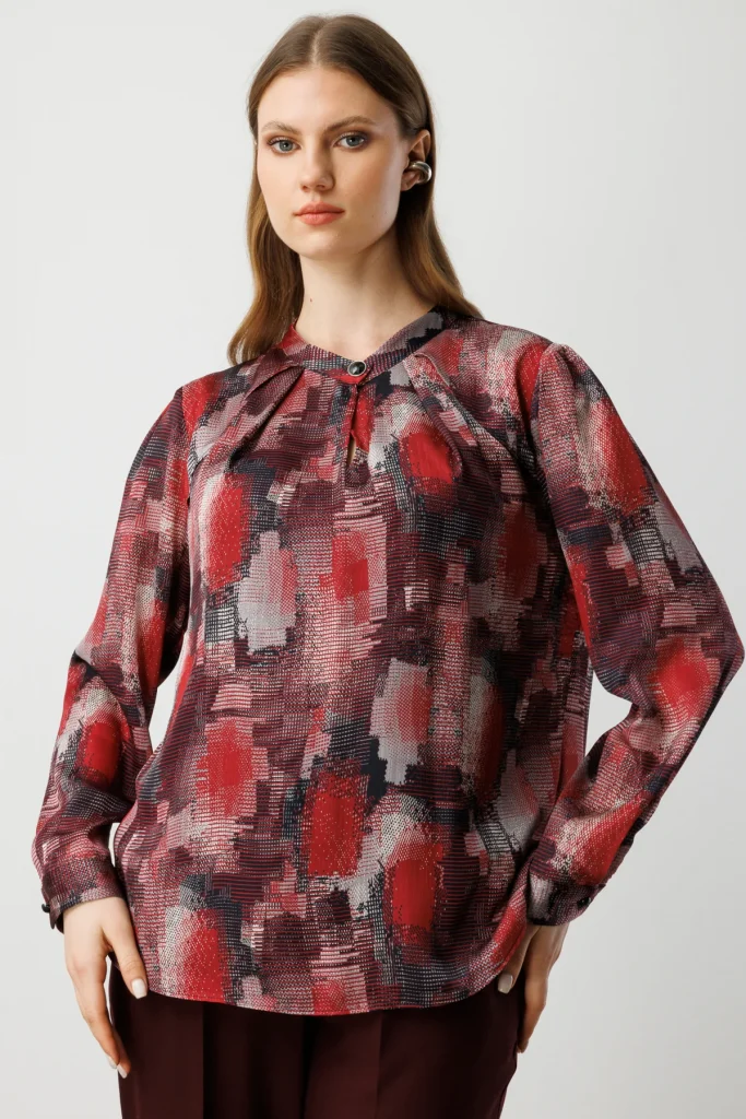 EKOL Yakası Pencere Detaylı Desenli Bluz 3557