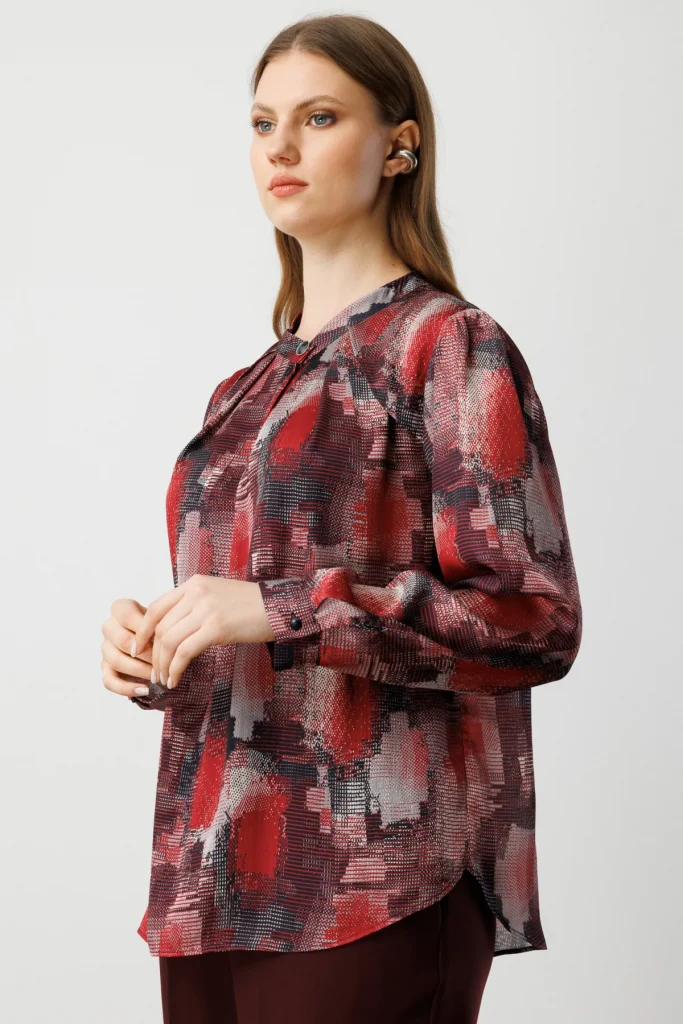 EKOL Yakası Pencere Detaylı Desenli Bluz 3557