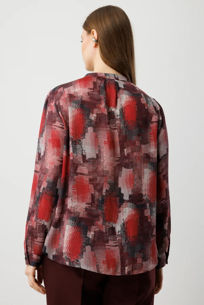 EKOL Yakası Pencere Detaylı Desenli Bluz 3557 - bordo