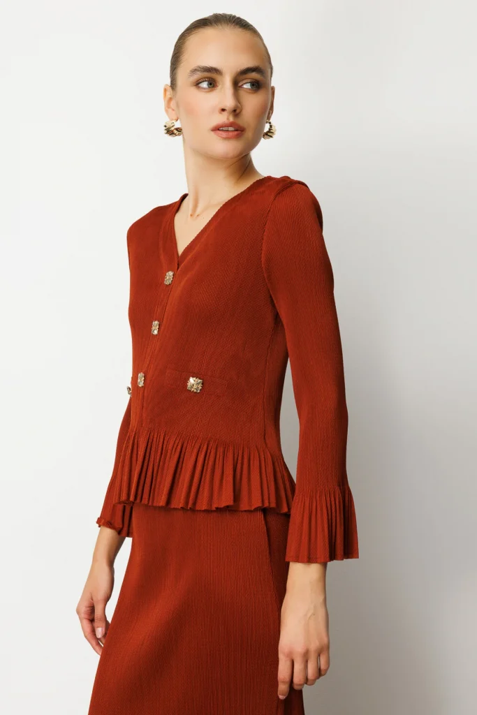 EKOL Süs Düğmeli Piliseli Bluz 3913 - kakao