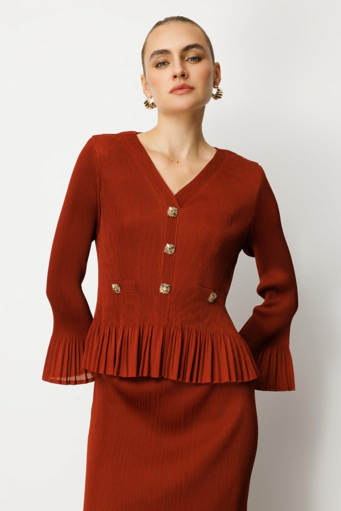 EKOL Süs Düğmeli Piliseli Bluz 3913 - kakao