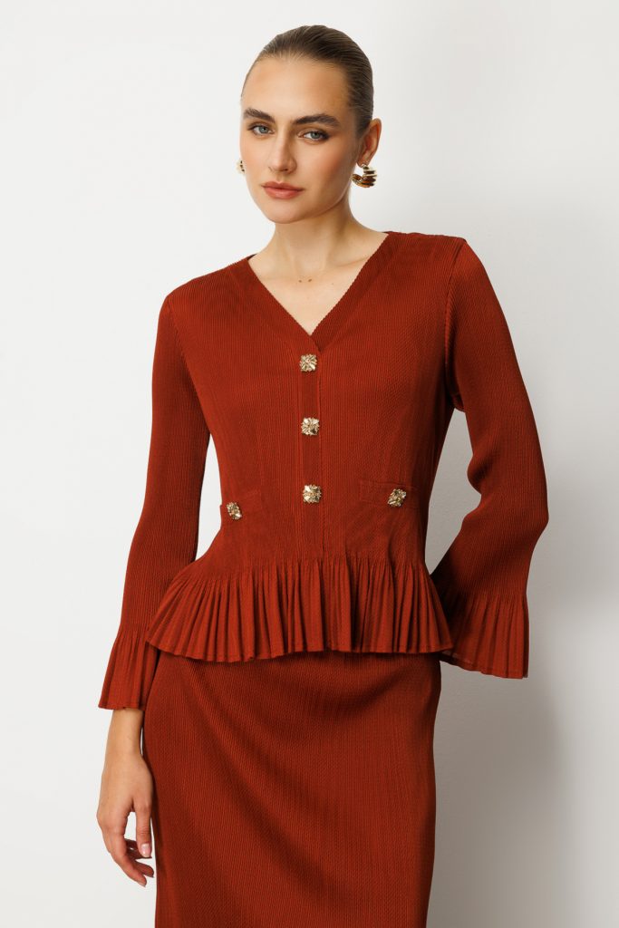 EKOL Süs Düğmeli Piliseli Bluz 3913