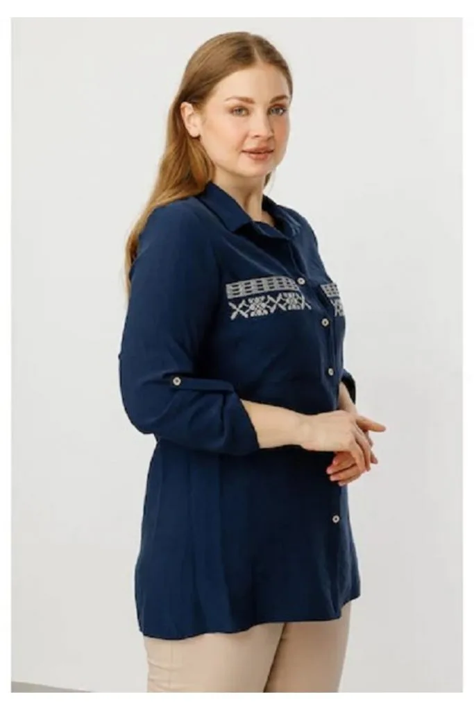 EKOL Kadın Büyük Beden Torba Cepli Cebi İşlemeli Bluz 3964 B.B