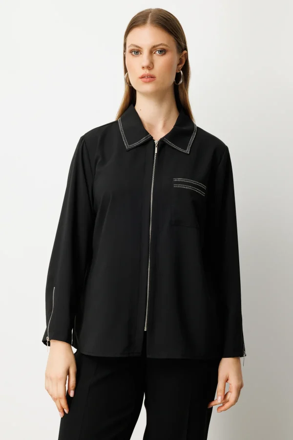 EKOL Büyük Beden Fermuarlı Taş İşlemeli Bluz 3981