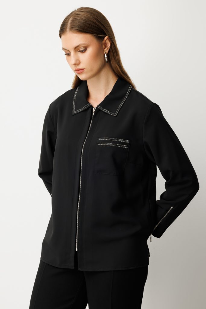 EKOL Büyük Beden Fermuarlı Taş İşlemeli Bluz 3981 - Siyah