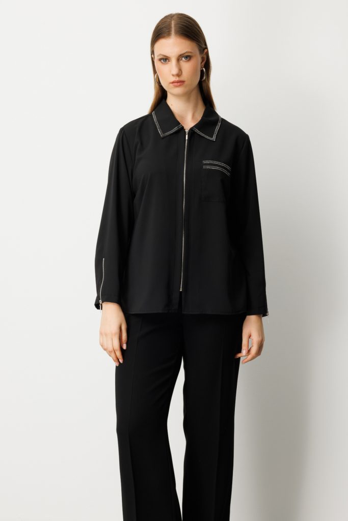 EKOL Büyük Beden Fermuarlı Taş İşlemeli Bluz 3981 - Siyah