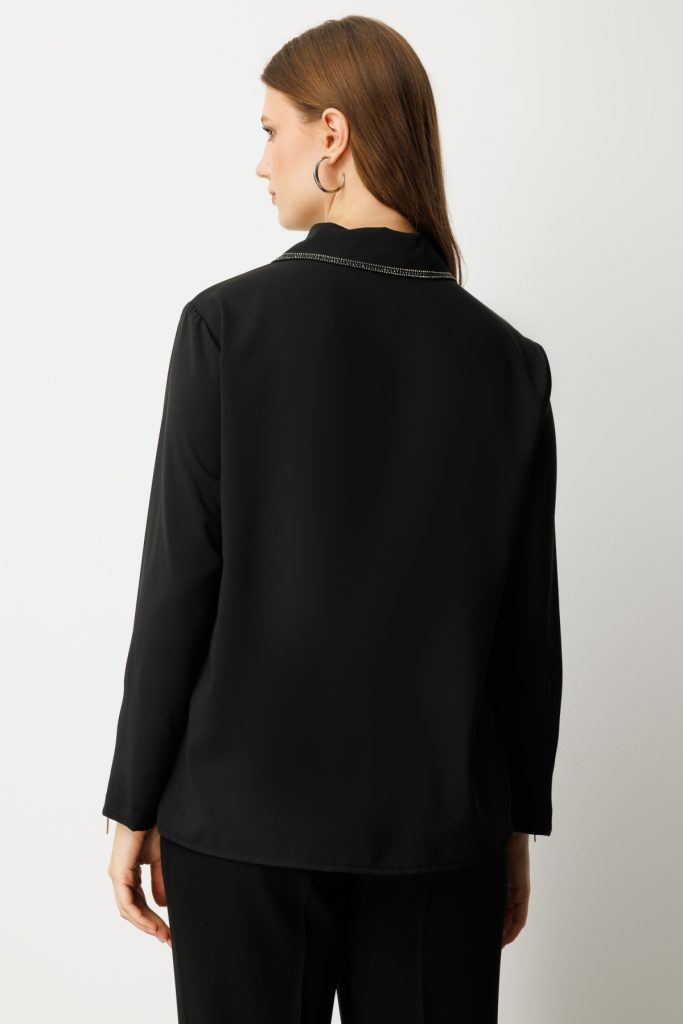 EKOL Büyük Beden Fermuarlı Taş İşlemeli Bluz 3981 - Siyah