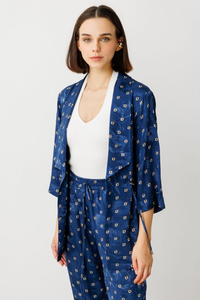 EKOL Beli Bağcıklı Desenli Ceket 4242 - Lacivert