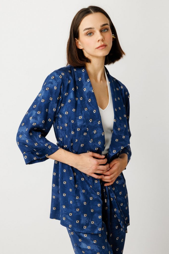 EKOL Beli Bağcıklı Desenli Ceket 4242 - Lacivert