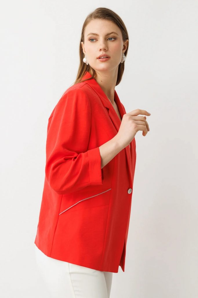 EKOL  Şerit Taş Detaylı Duble Kol Ceket 4544 B.B - mercan