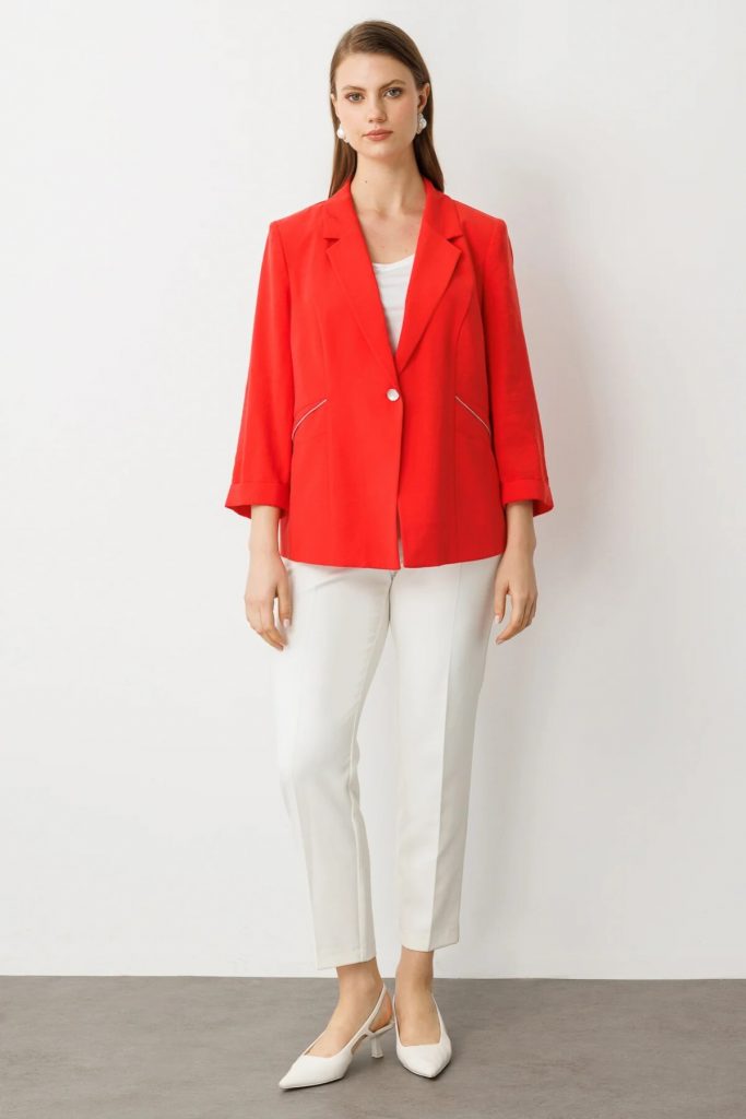 EKOL  Şerit Taş Detaylı Duble Kol Ceket 4544 B.B - mercan