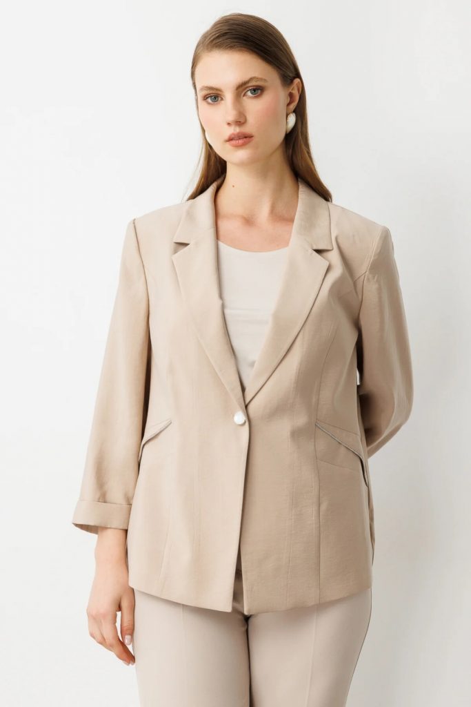 EKOL  Şerit Taş Detaylı Duble Kol Ceket 4544 B.B - KUM