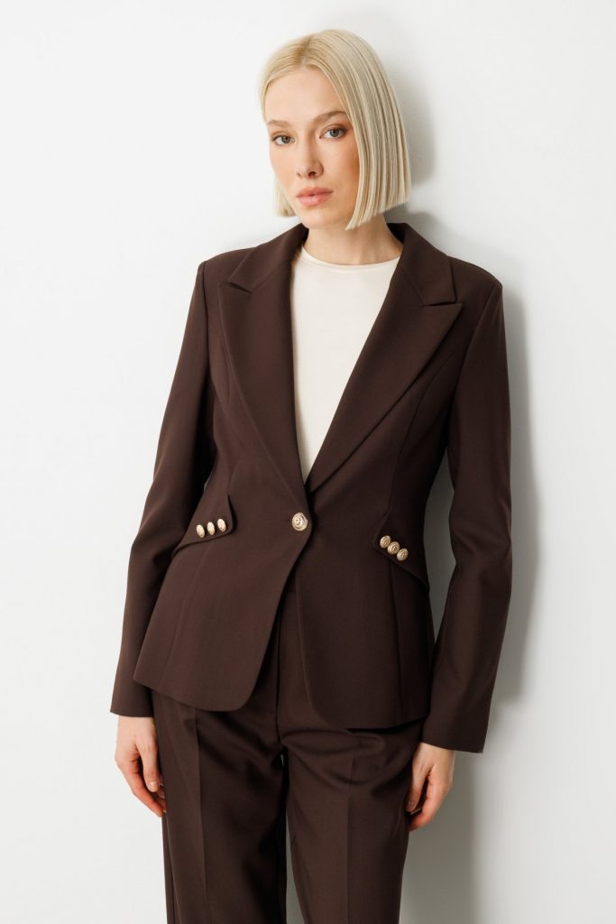 EKOL Omzu Vatkalı Düğme Aksesuarlı Ceket 5017 - kahve