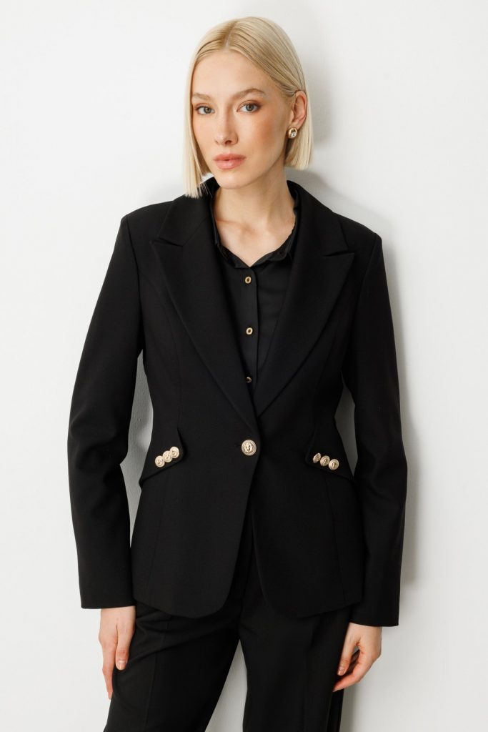 EKOL Omzu Vatkalı Düğme Aksesuarlı Ceket 5017 - Siyah