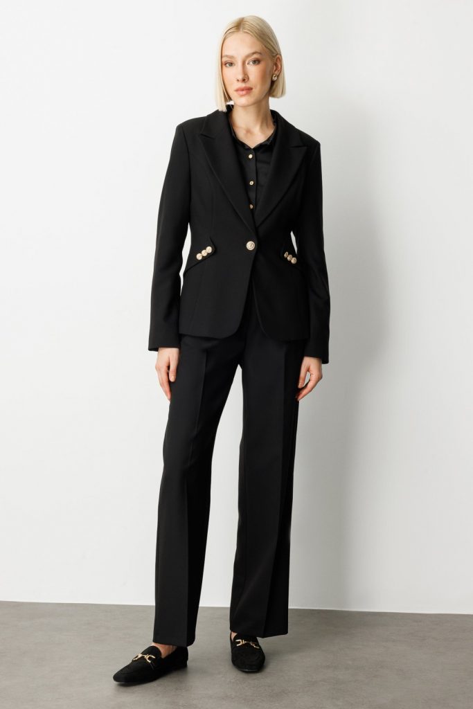 EKOL Omzu Vatkalı Düğme Aksesuarlı Ceket 5017 - Siyah