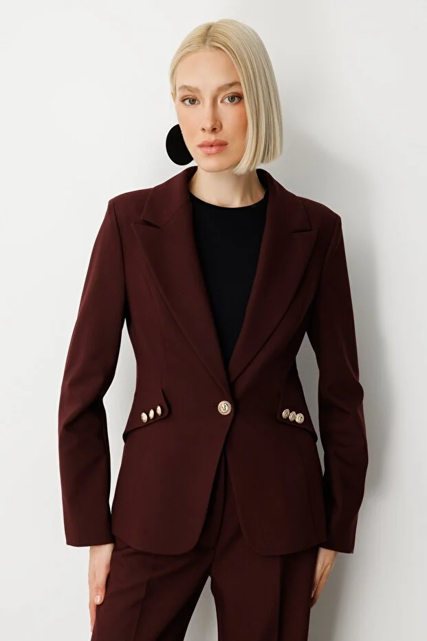 EKOL Omzu Vatkalı Düğme Aksesuarlı Ceket 5017 - bordo