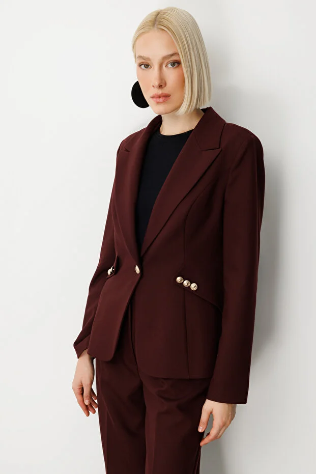 EKOL Omzu Vatkalı Düğme Aksesuarlı Ceket 5017 - bordo