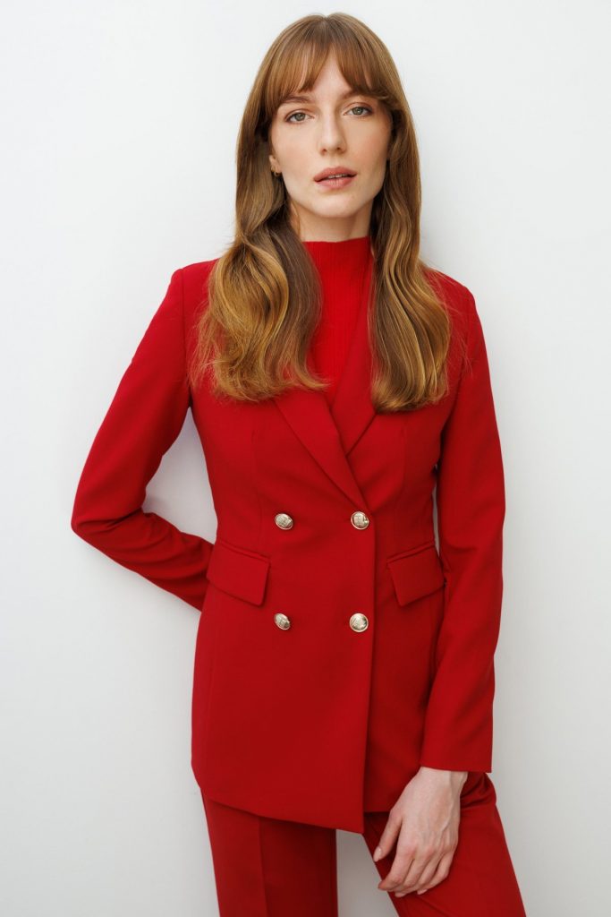 EKOL Kadın Kruvaze Yaka Kapak Cepli Ceket 5025 - KIRMIZI