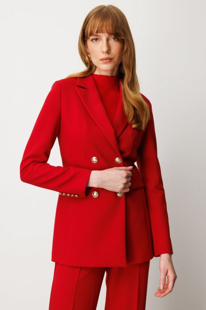 EKOL Kadın Kruvaze Yaka Kapak Cepli Ceket 5025 - KIRMIZI