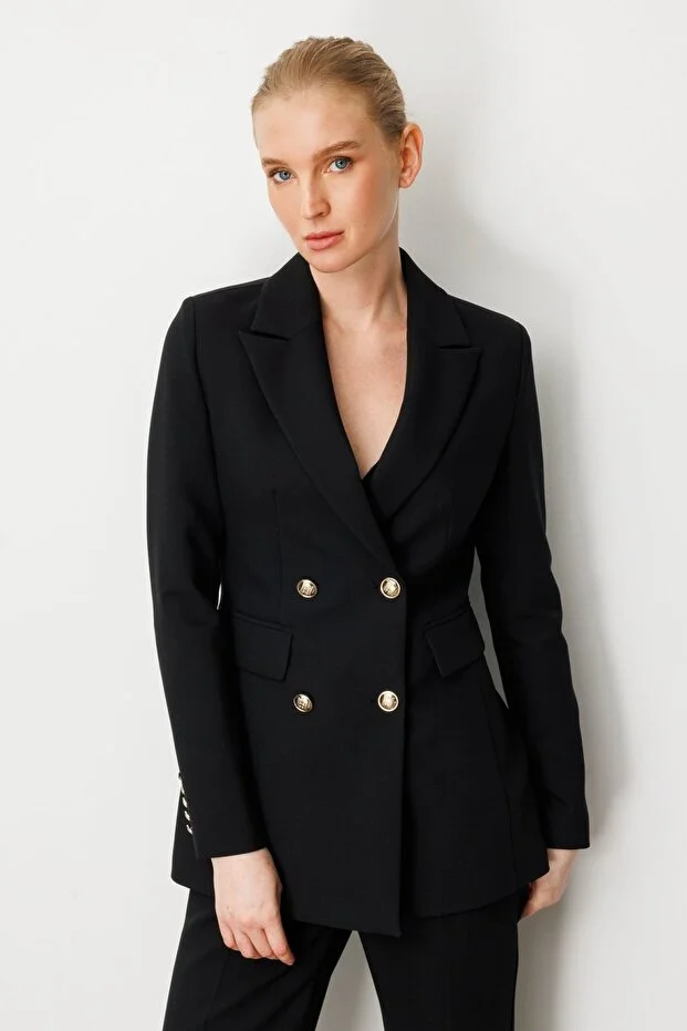 EKOL Kadın Kruvaze Yaka Kapak Cepli Ceket 5025 - Siyah