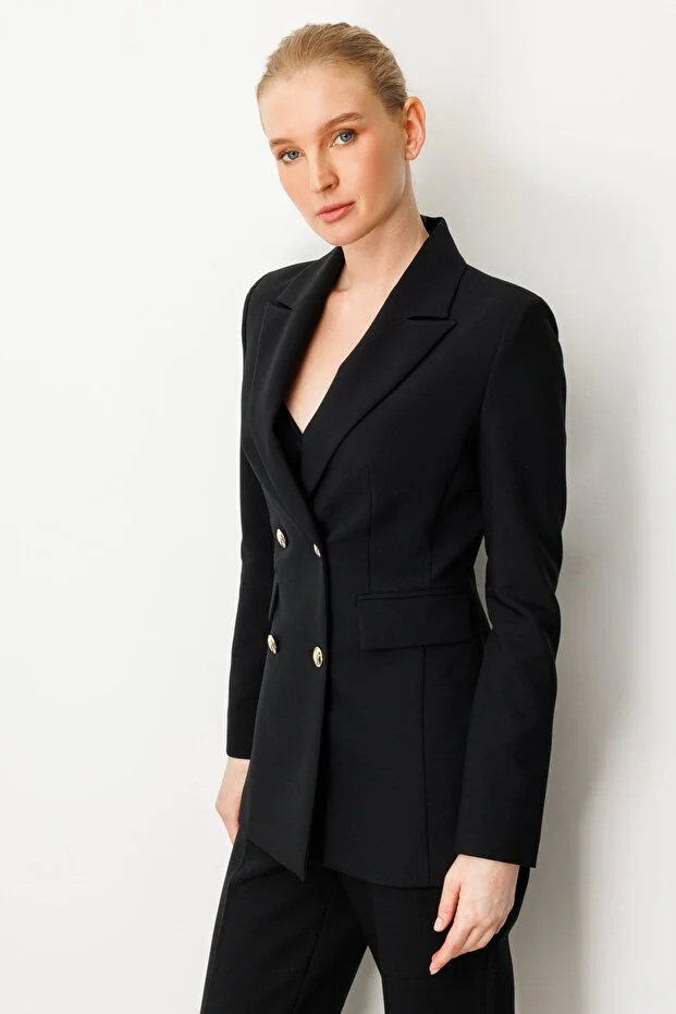 EKOL Kadın Kruvaze Yaka Kapak Cepli Ceket 5025 - Siyah