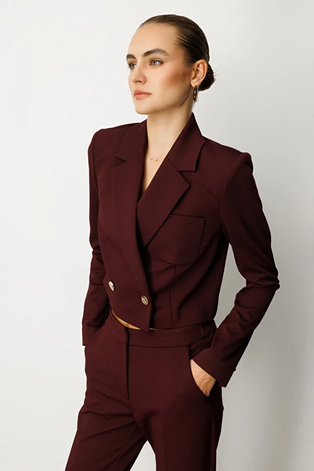 EKOL Kruvaze Yaka Crop Ceket 5029 - bordo