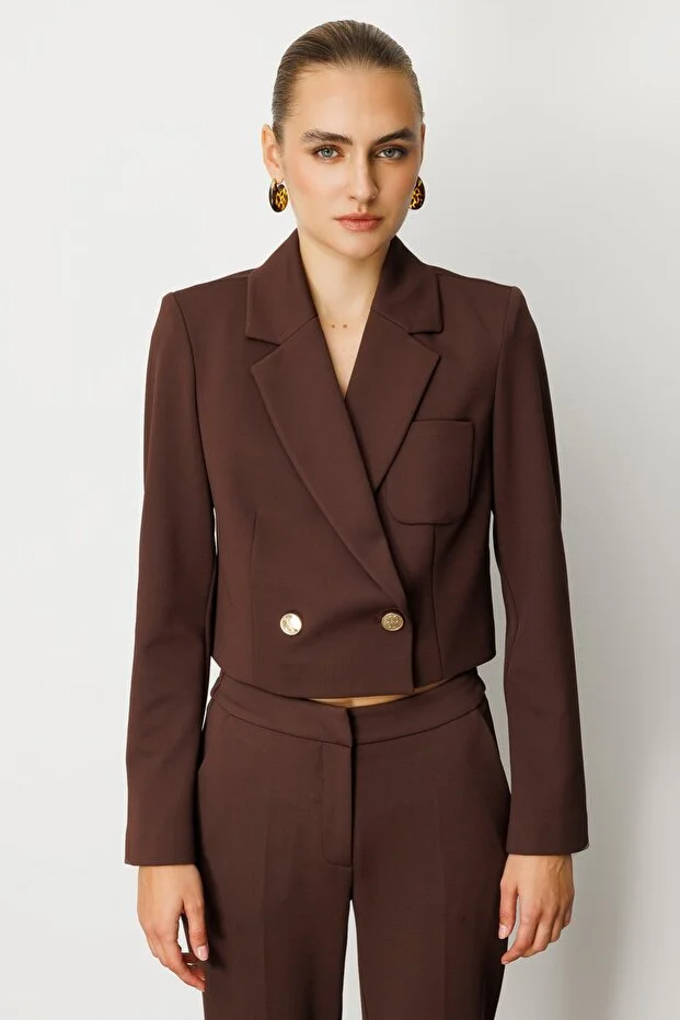 EKOL Kruvaze Yaka Crop Ceket 5029 - kahve
