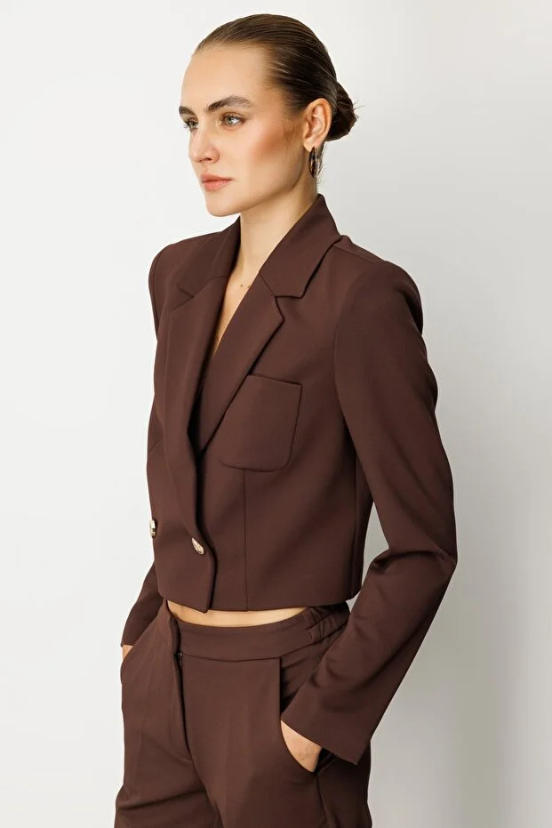 EKOL Kruvaze Yaka Crop Ceket 5029 - kahve
