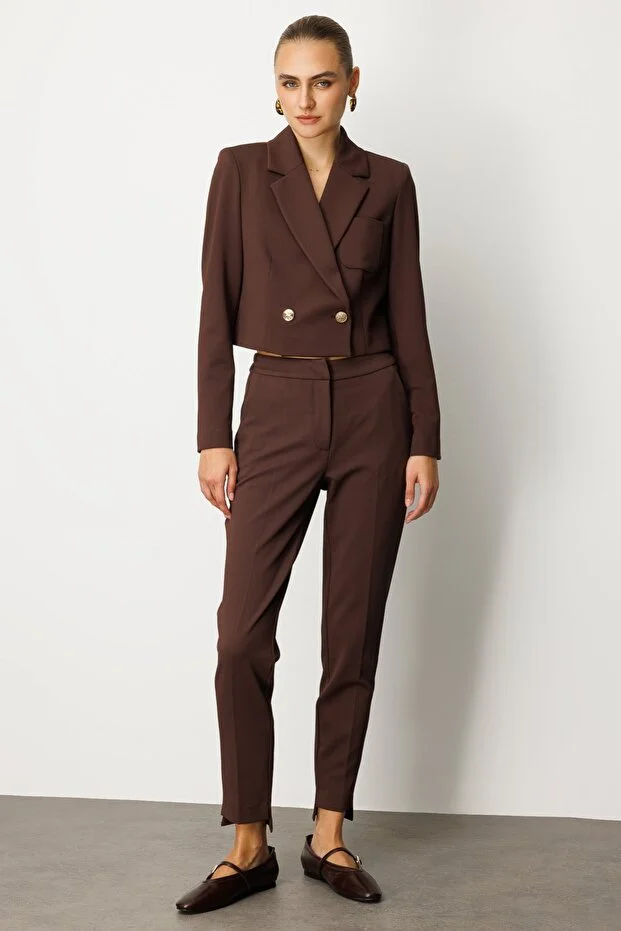 EKOL Kruvaze Yaka Crop Ceket 5029 - kahve