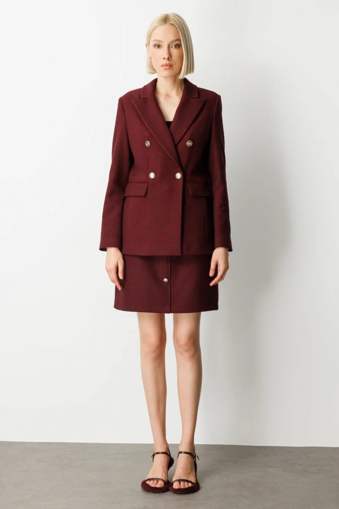 EKOL Kruvaze Yaka Kaşe Ceket 5069 - bordo