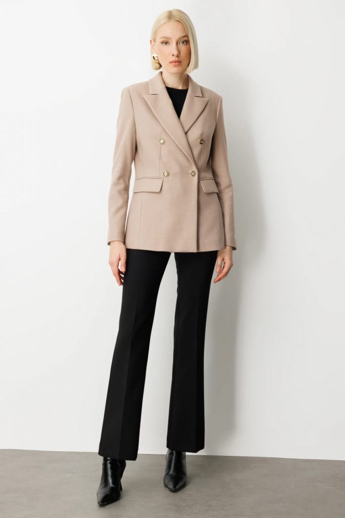 EKOL Kruvaze Yaka Kaşe Ceket 5069 - VİZON