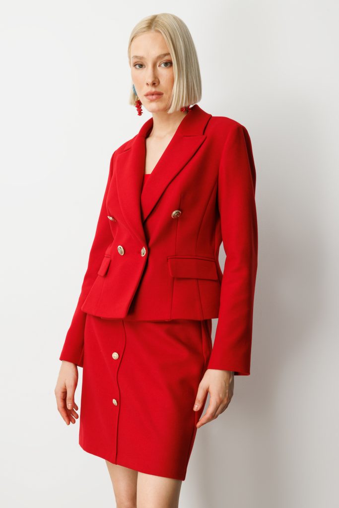 EKOL Kruvaze Yaka Kaşe Kadın Ceket 5073 - KIRMIZI