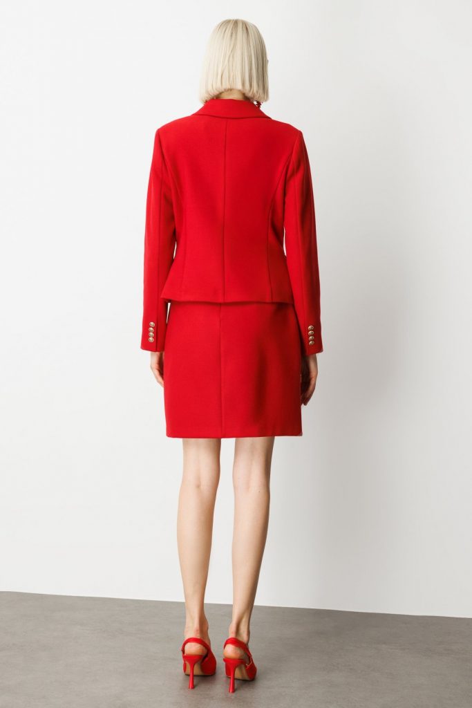 EKOL Kruvaze Yaka Kaşe Kadın Ceket 5073 - KIRMIZI