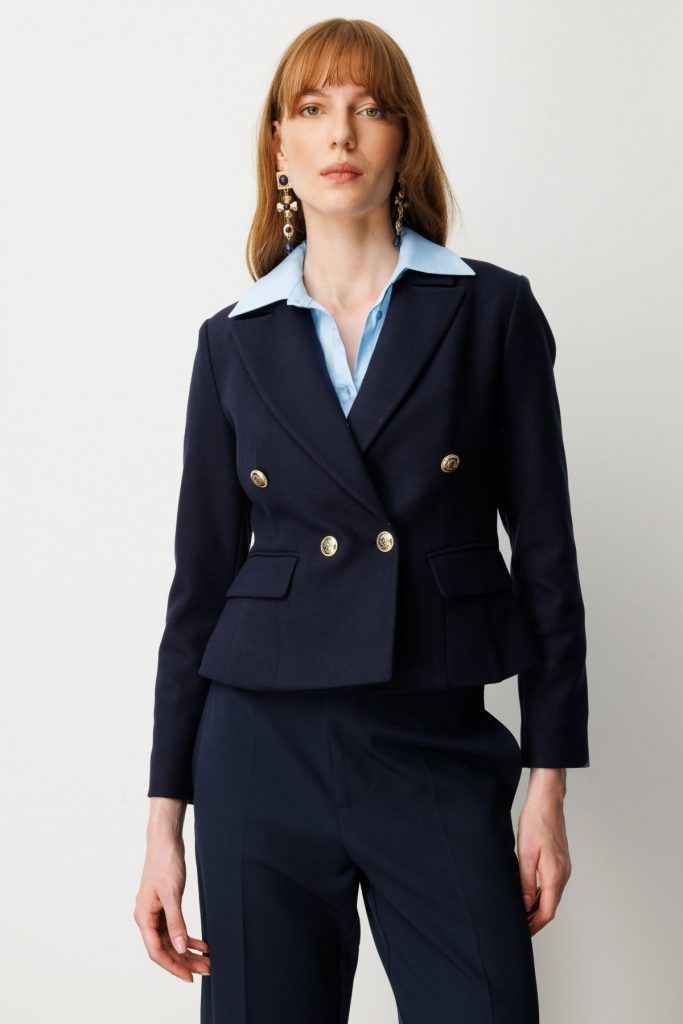 EKOL Kruvaze Yaka Kaşe Kadın Ceket 5073 - Lacivert