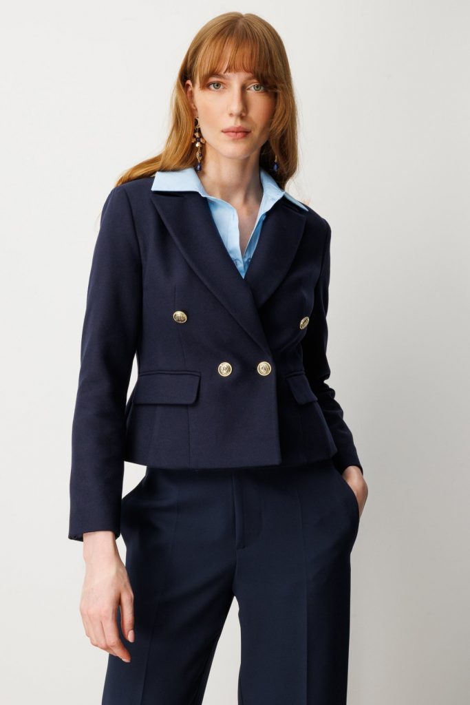 EKOL Kruvaze Yaka Kaşe Kadın Ceket 5073 - Lacivert