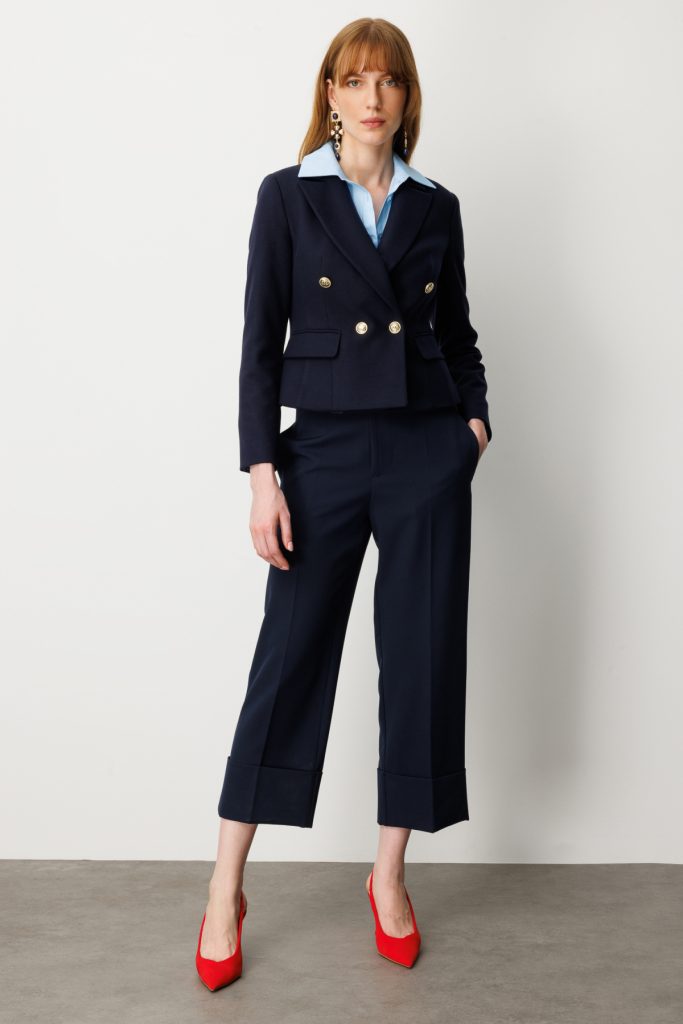 EKOL Kruvaze Yaka Kaşe Kadın Ceket 5073 - Lacivert