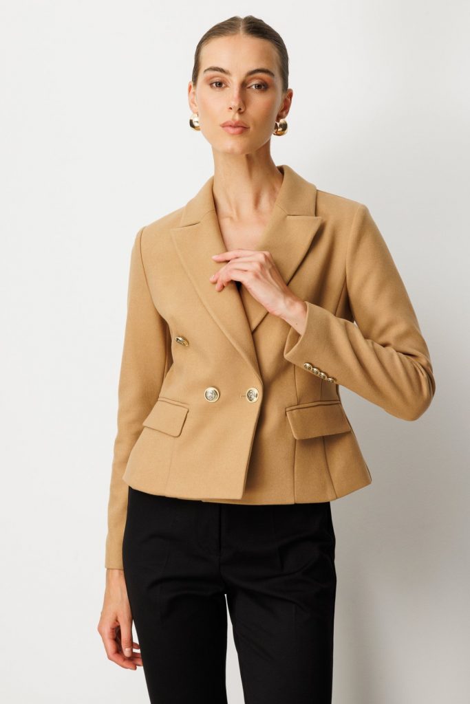 EKOL Kruvaze Yaka Kaşe Kadın Ceket 5073 - camel
