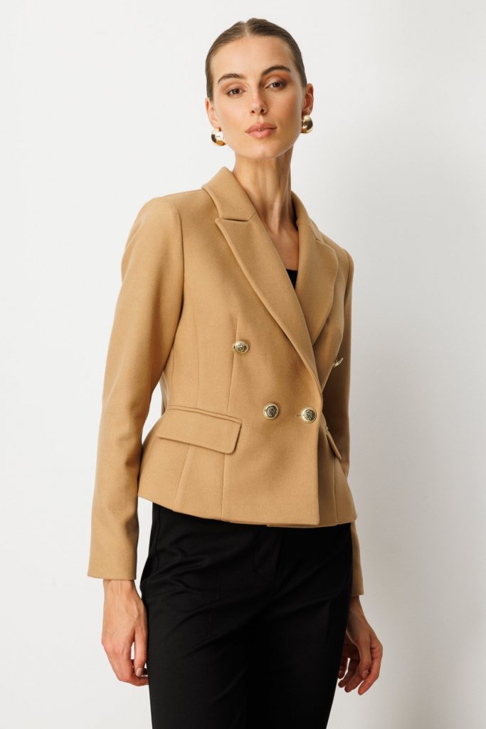 EKOL Kruvaze Yaka Kaşe Kadın Ceket 5073 - camel