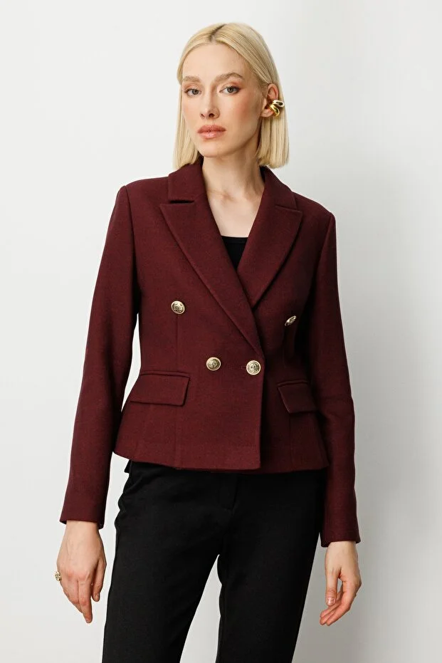 EKOL Kruvaze Yaka Kaşe Kadın Ceket 5073 - bordo